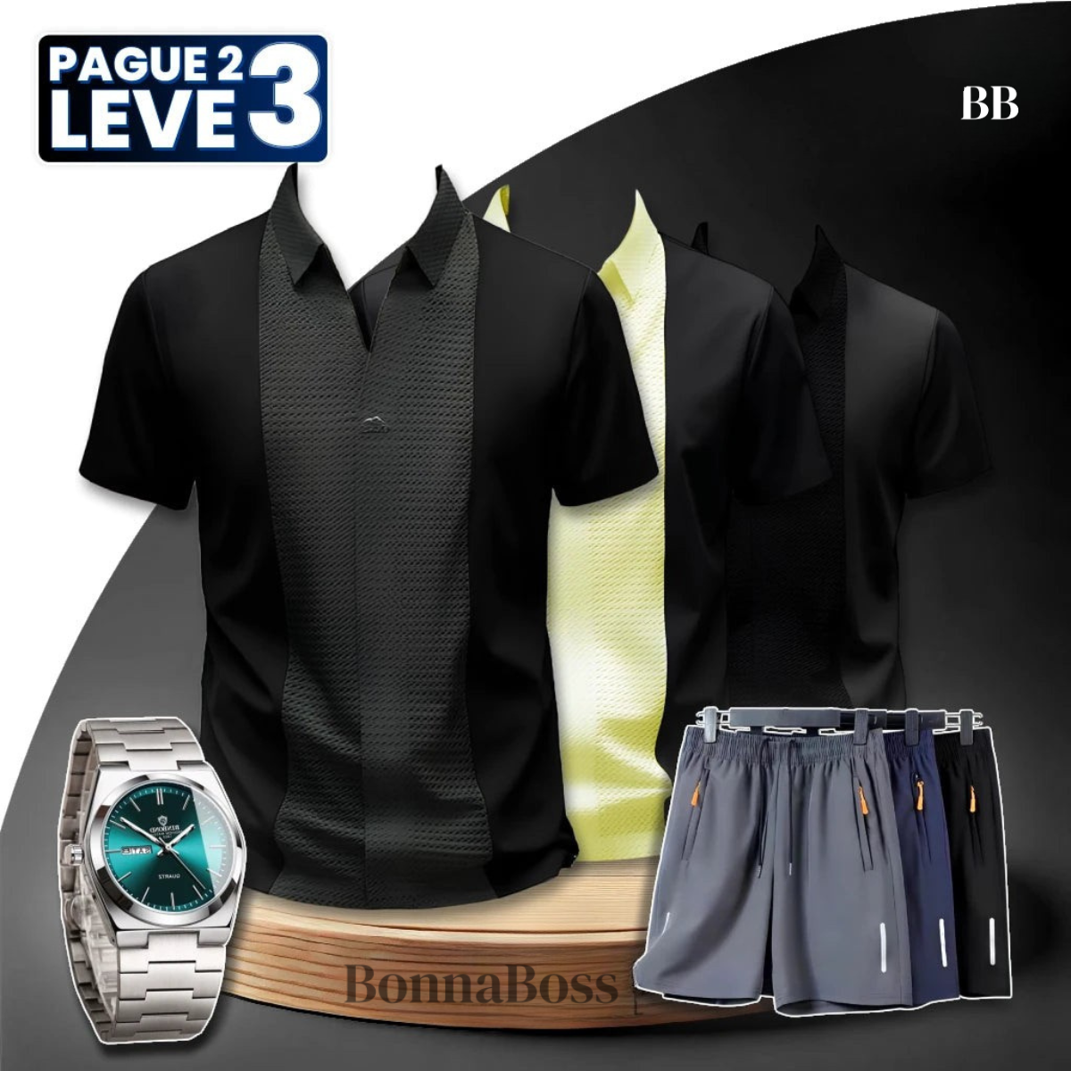 [Pague 2, Leve 3] Camisa Polo Casual Italian em Seda Gelo e Poliéster + BRINDES: 3 Bermudas e Relógio