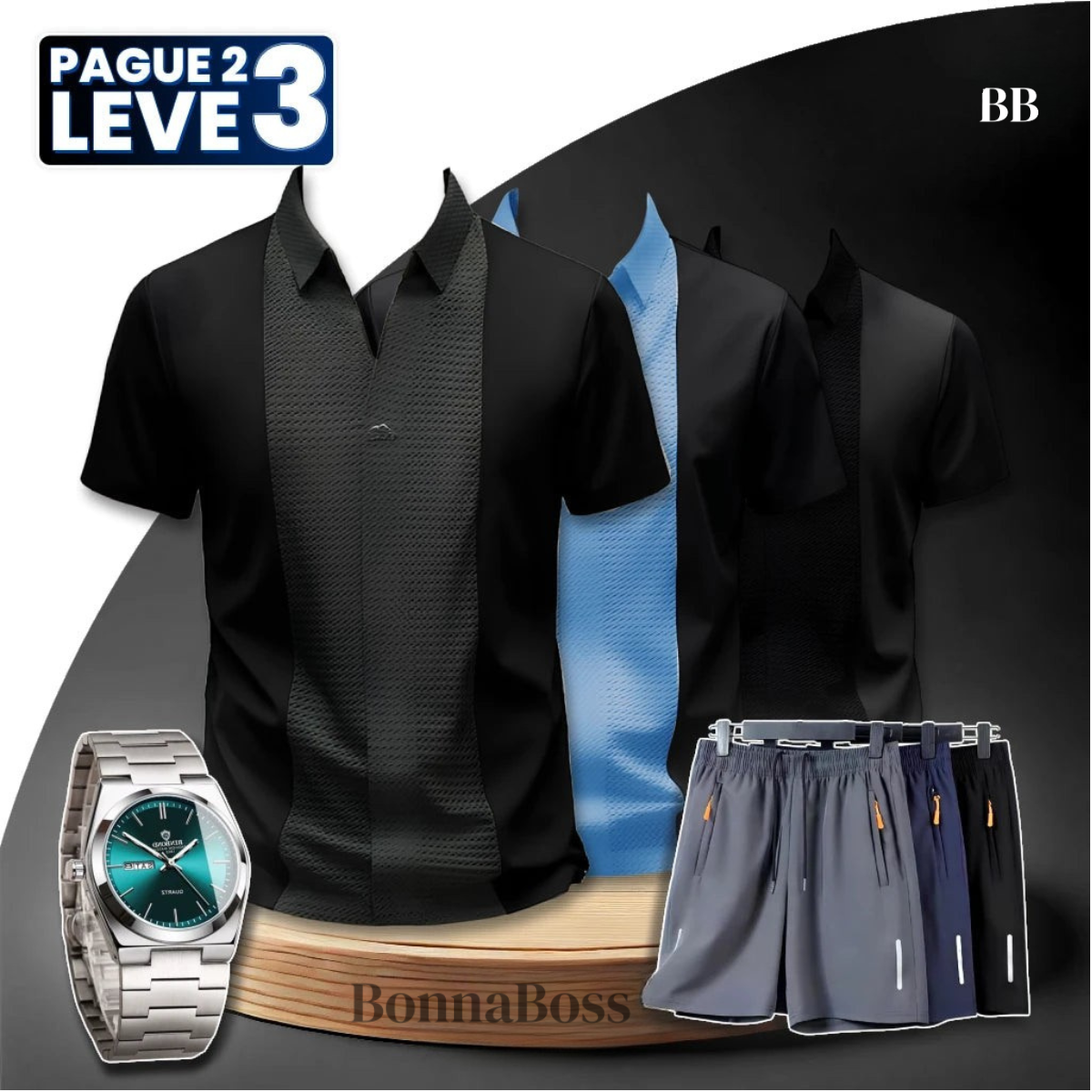 [Pague 2, Leve 3] Camisa Polo Casual Italian em Seda Gelo e Poliéster + BRINDES: 3 Bermudas e Relógio