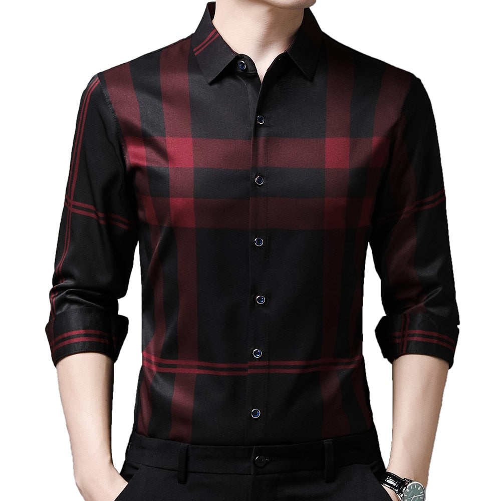Camisa Masculina de Seda Casual Xadrez